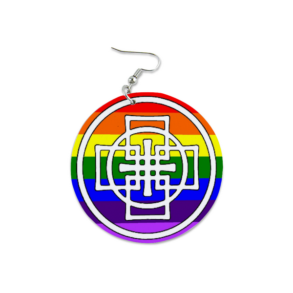 Rainbow Swedenborg Cross Round Wooden Earrings